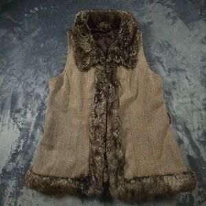 Gaby & Eden Faux Fur Trim Herringbone Vest Brown Wool Blend Small 11304